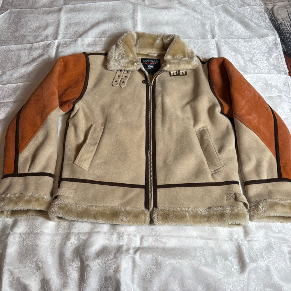 vintage mens L Koman Sport faux suede and fur shearling-style bomber jacket